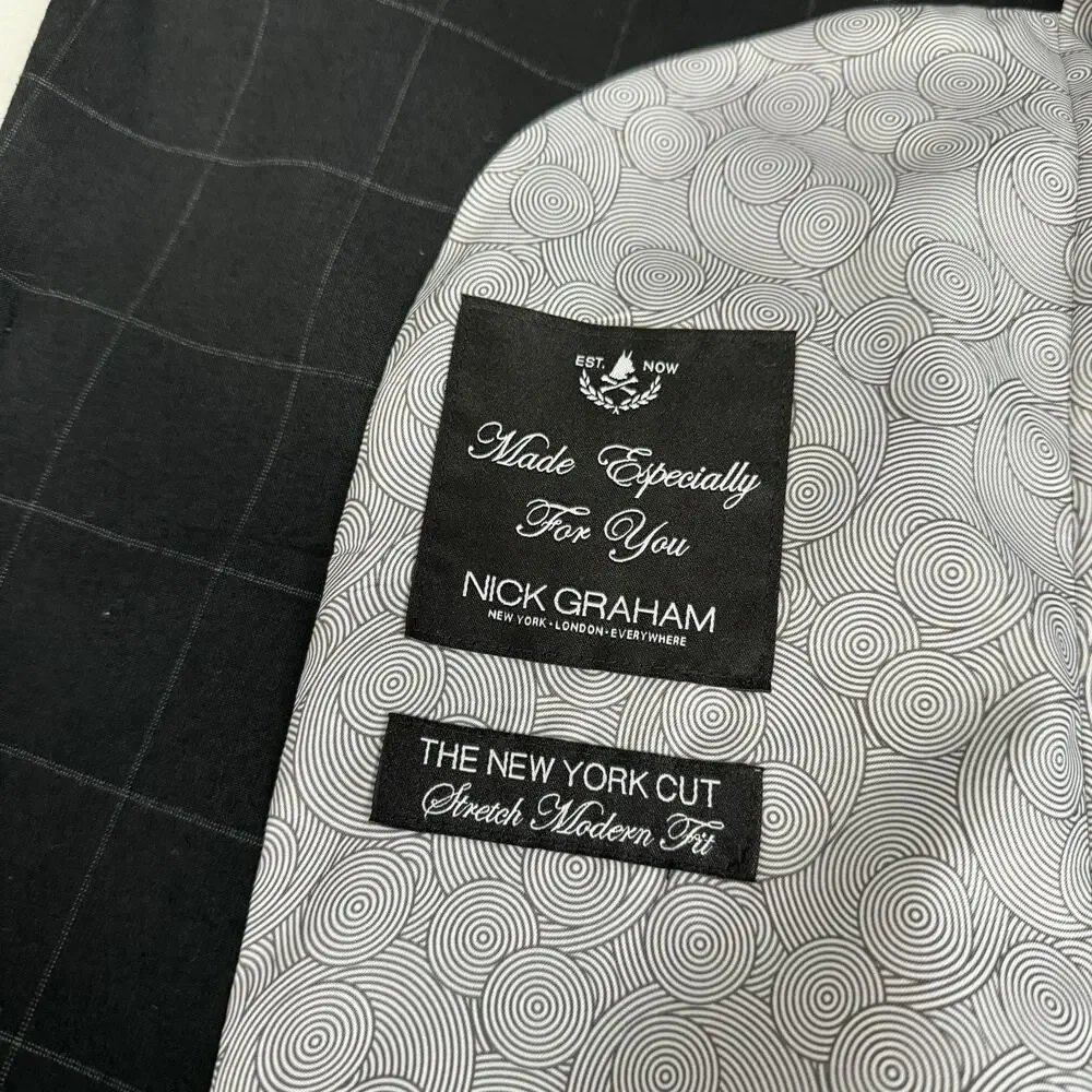 Nick Graham Mens Blazer 38S Black Windowpane New York Cut Modern Fit Sport‎ Coat